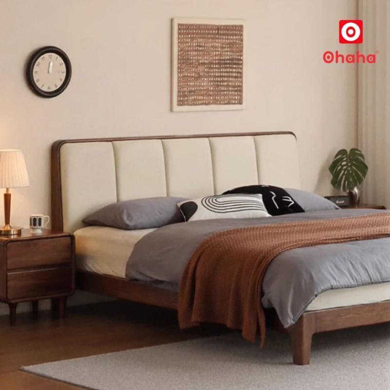Giường ngủ gỗ tự nhiên bọc nệm cao cấp OHAHA - GGTN021