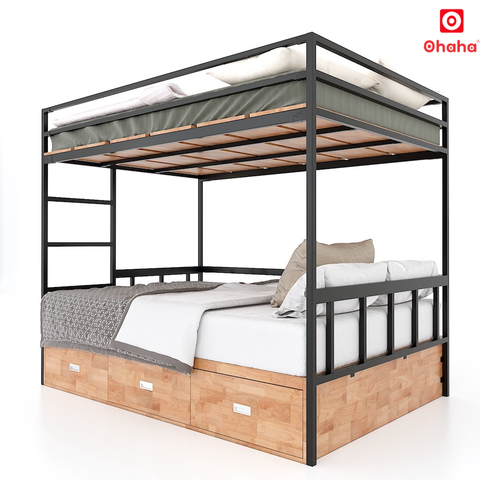 Giường Tầng Thông Minh Khung Sắt Gỗ Cao Su OHAHA - GTS052