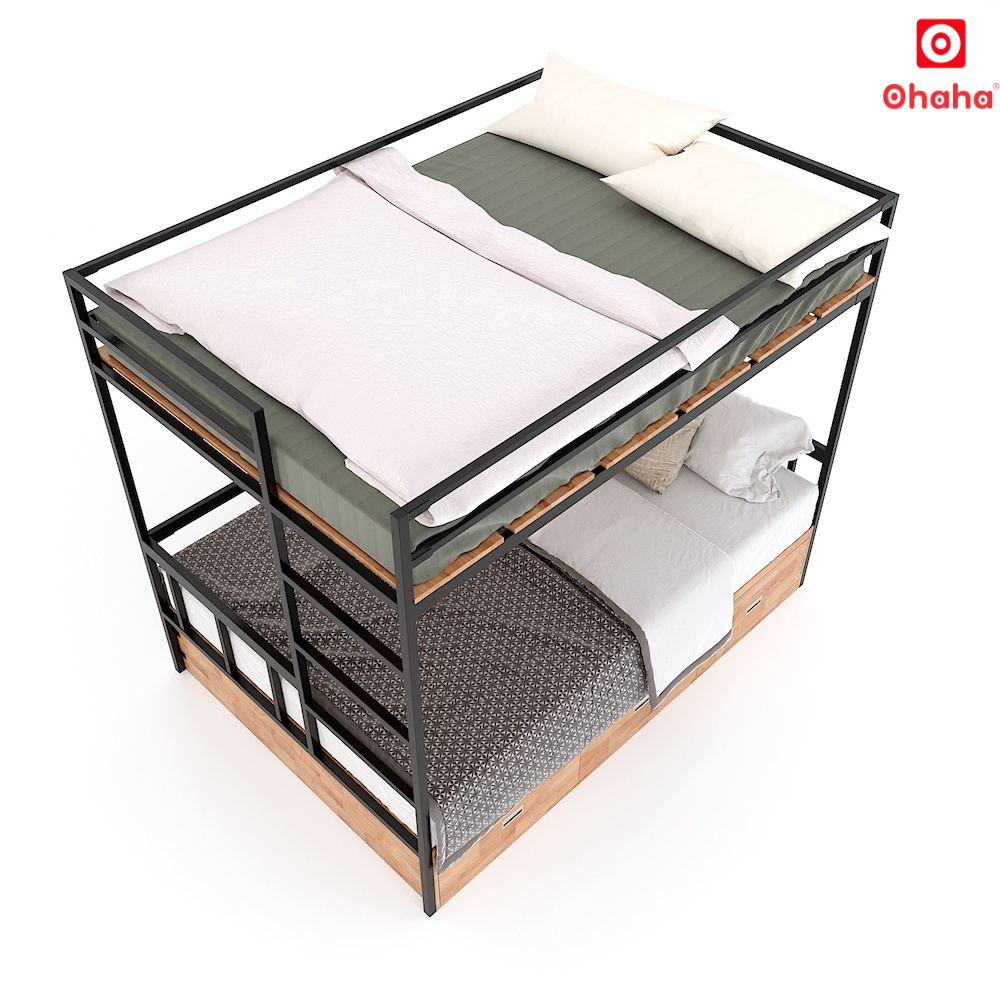 Giường Tầng Thông Minh Khung Sắt Gỗ Cao Su OHAHA - GTS052