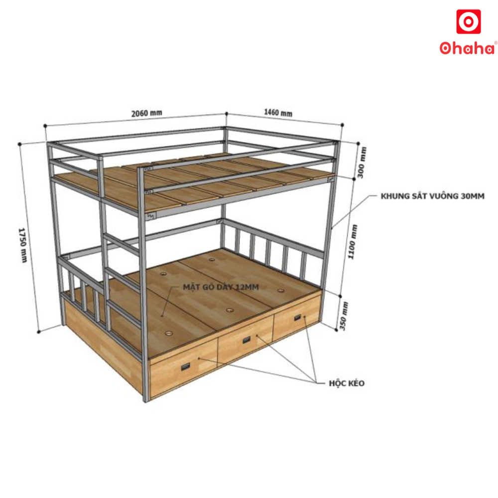 Giường Tầng Thông Minh Khung Sắt Gỗ Cao Su OHAHA - GTS052