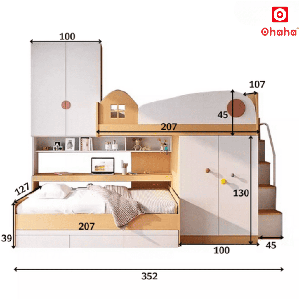 Giường tầng thông minh cao cấp Ohaha 2 tủ áo - GTCC024