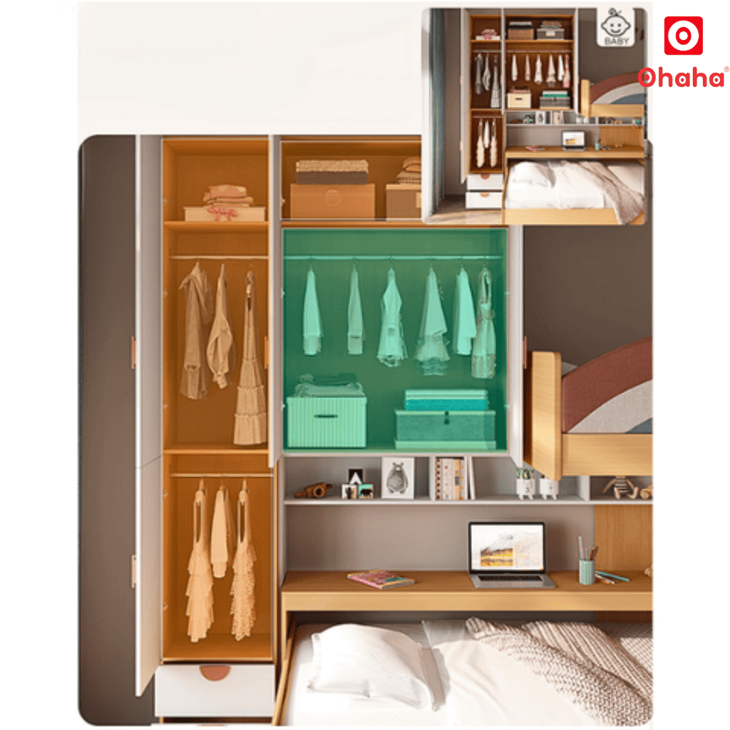 Giường tầng thông minh cao cấp Ohaha 2 tủ áo - GTCC024
