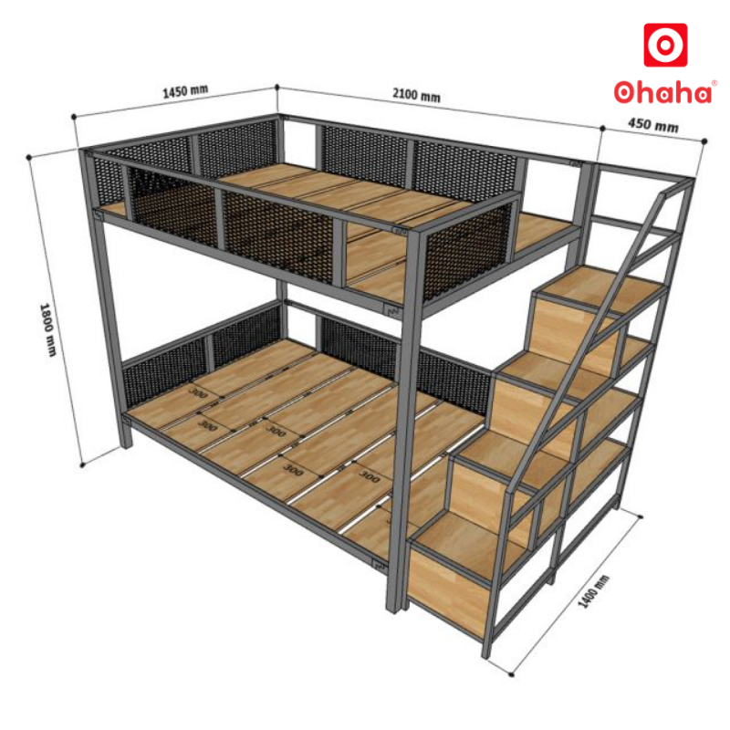 Giường Tầng Thông Minh Khung Sắt Gỗ Cao Su OHAHA - GTS057