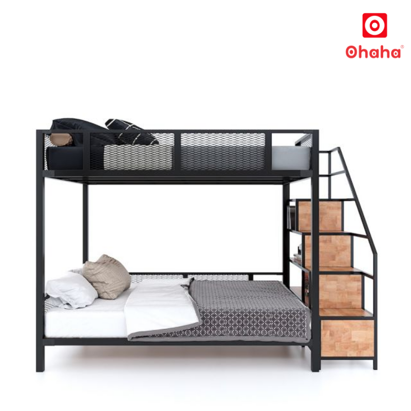 Giường Tầng Thông Minh Khung Sắt Gỗ Cao Su OHAHA - GTS057