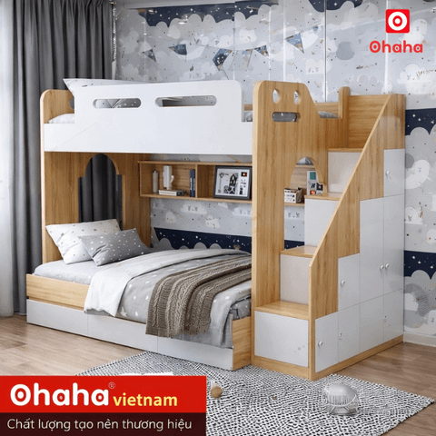 Giường tầng thông minh hiện đại Ohaha kèm hệ tủ mở bên hông - GTHĐ021