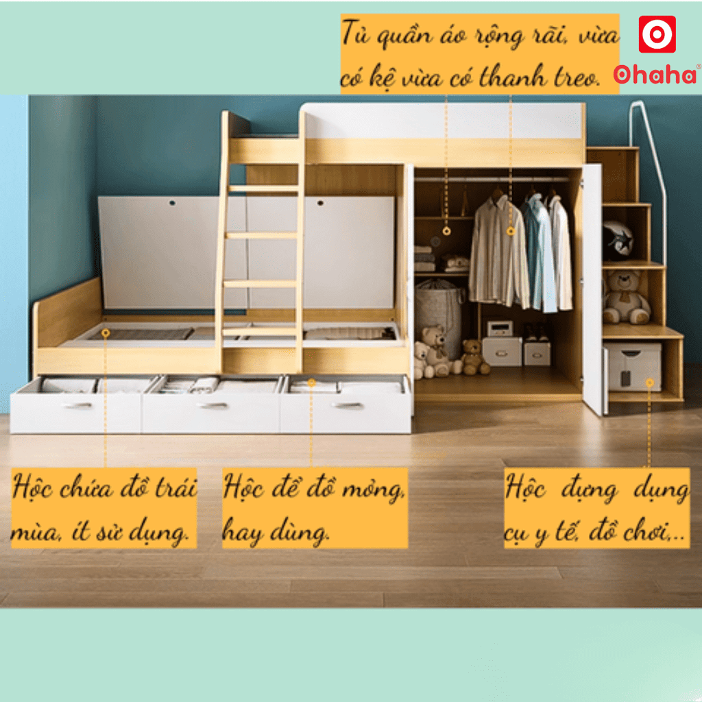 Giường tầng thông minh Ohaha kết hợp tủ áo - GTTM013