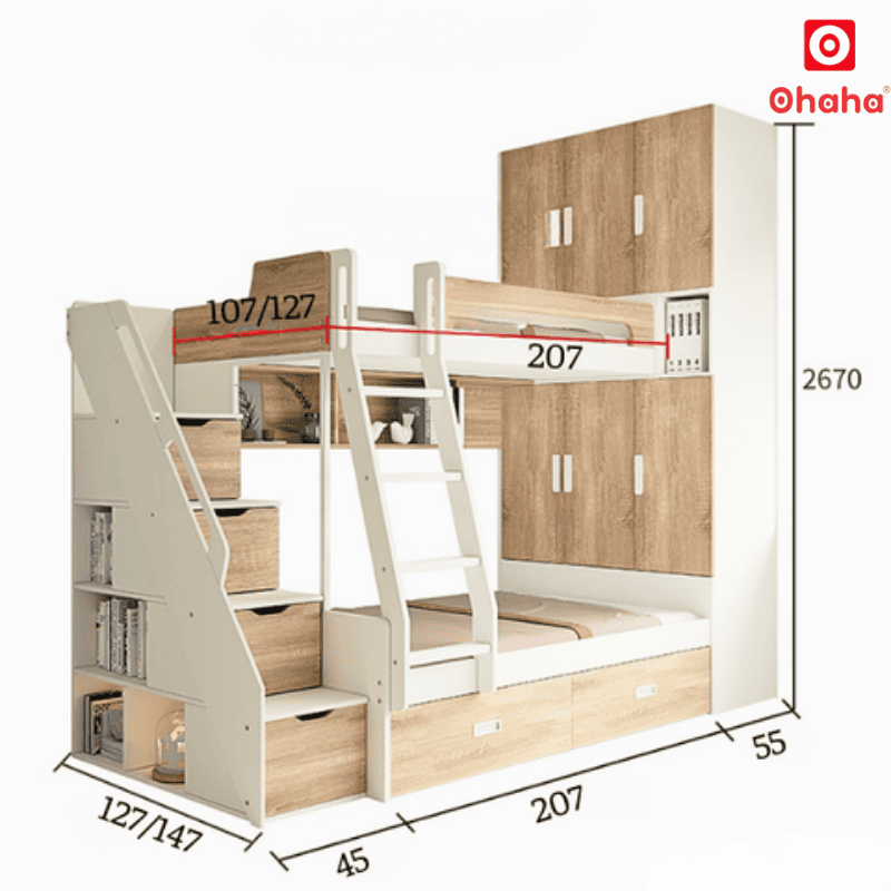 Giường tầng thông minh Ohaha kết hợp tủ áo và kệ sách - GTTM015