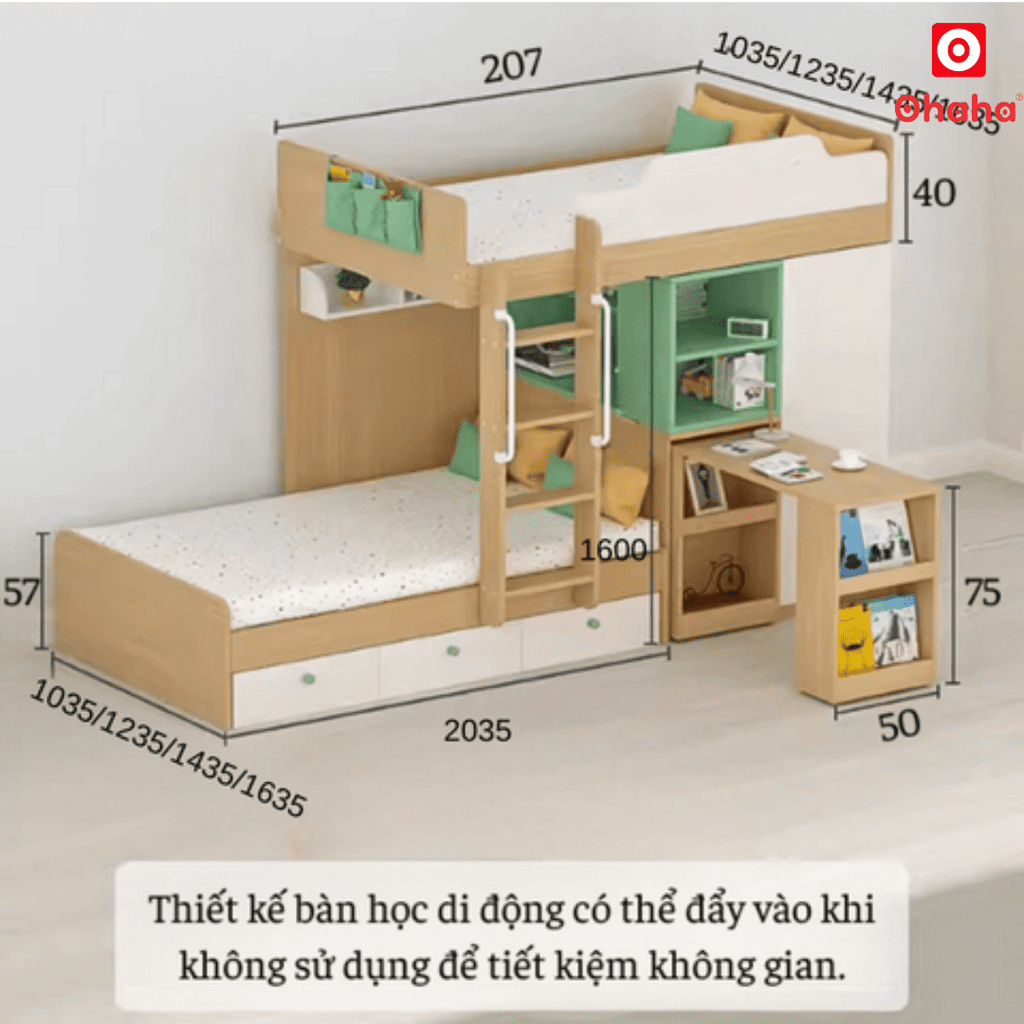Giường tầng thông minh Ohaha kết hợp tủ áo và bàn học - GTTM016