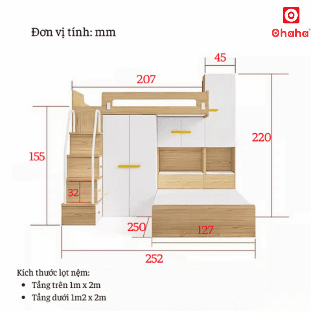 Giường tầng thông minh Ohaha kết hợp tủ áo và bàn học - GTTM017