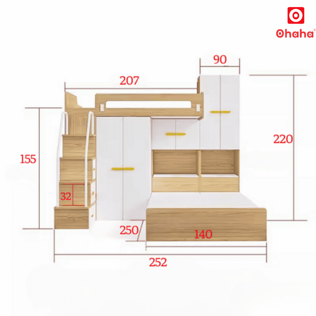 Giường tầng thông minh Ohaha kết hợp tủ áo và bàn học - GTTM017