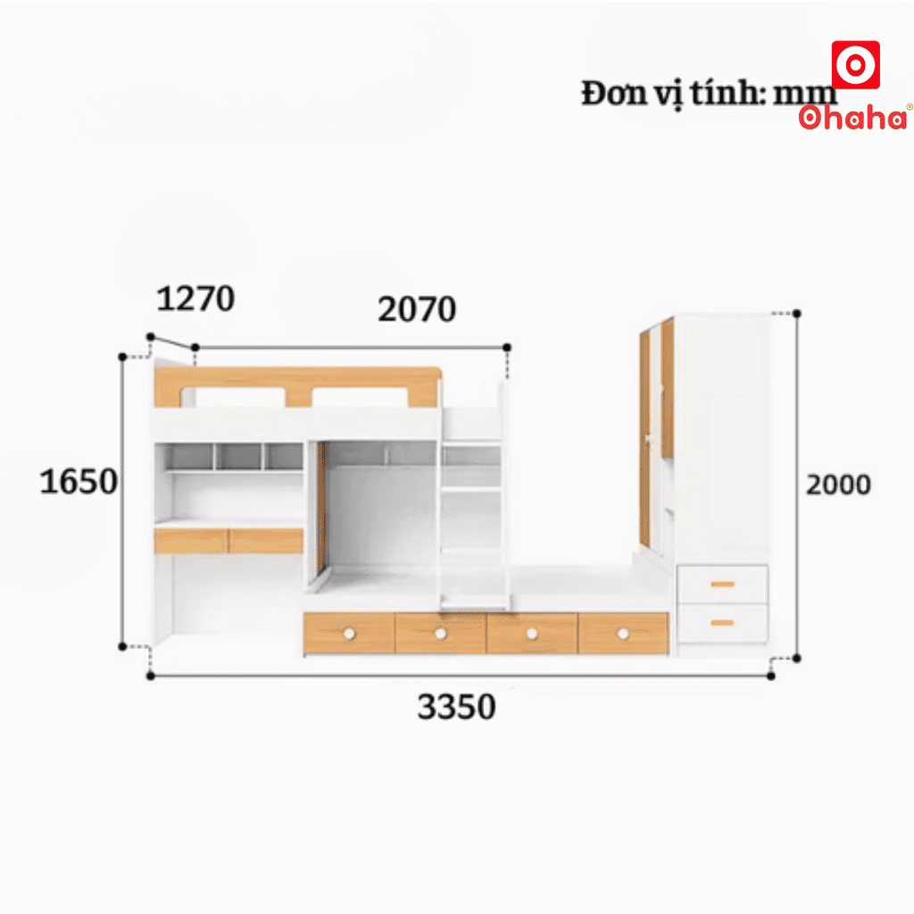 Giường tầng thông minh Ohaha có tủ áo và bàn học - GTTM025