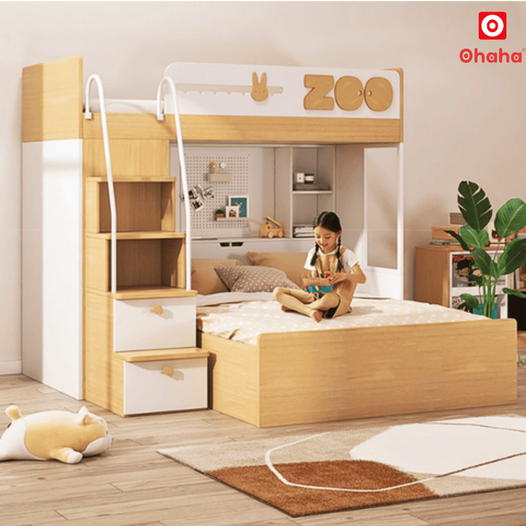 Giường tầng thông minh Ohaha có tủ áo và kệ trang trí - GTTM028