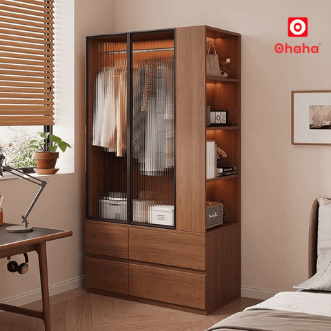 Tủ quần áo gỗ công nghiệp kết hợp kệ trang trí hiện đại OHAHA - HĐ037