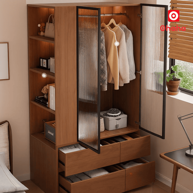Tủ quần áo gỗ công nghiệp kết hợp kệ trang trí hiện đại OHAHA - HĐ037