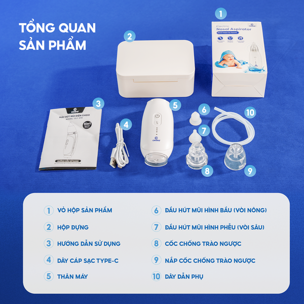 Máy Hút Mũi Điện Chido | Cho Bé Sơ Sinh | Lực Hút Êm Dịu, 3 Cấp Độ | Chống Trào Ngược