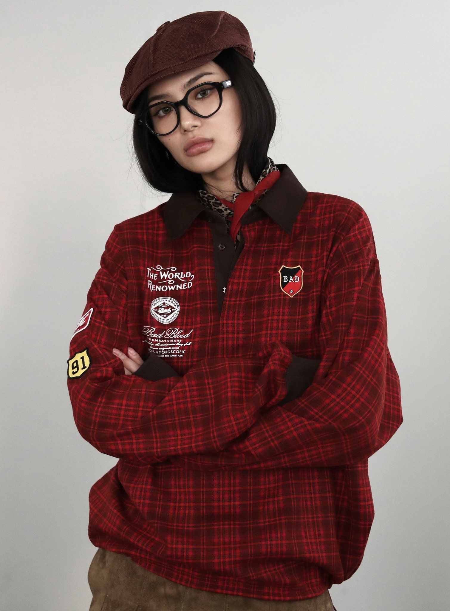 Áo Sweater [Unisex] Badblood - [w-sweatshirt24-013] Classic Check Rugby Shirt - Red 