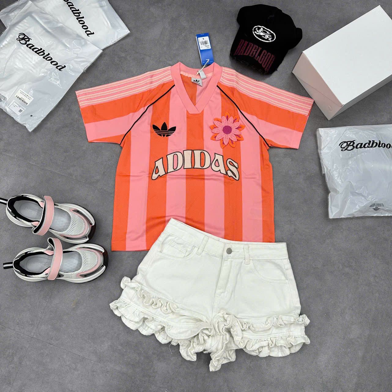  Áo Thun Bóng Đá ADIDAS [Nữ] Kẻ Sọc Cam 