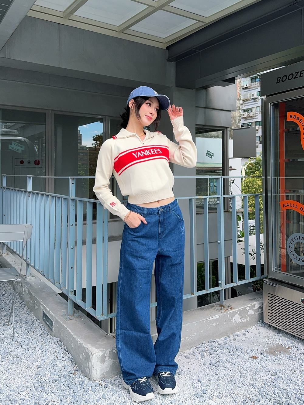  Áo Sweater MLB [Nữ] - Sporty Varsity Half-Zip Sweater NY Cream - 3FKPV0344-50CRD 