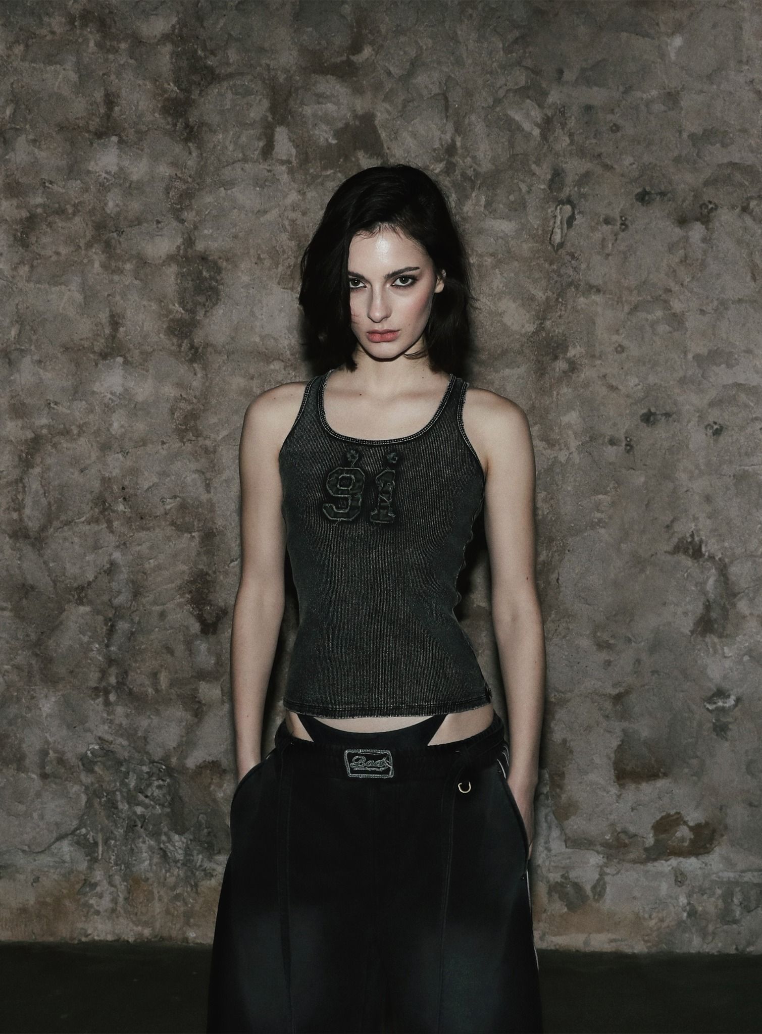  Áo Croptop [Nữ] Badblood - [w-tnk25-008] Rusty Denim Tank Top Black 