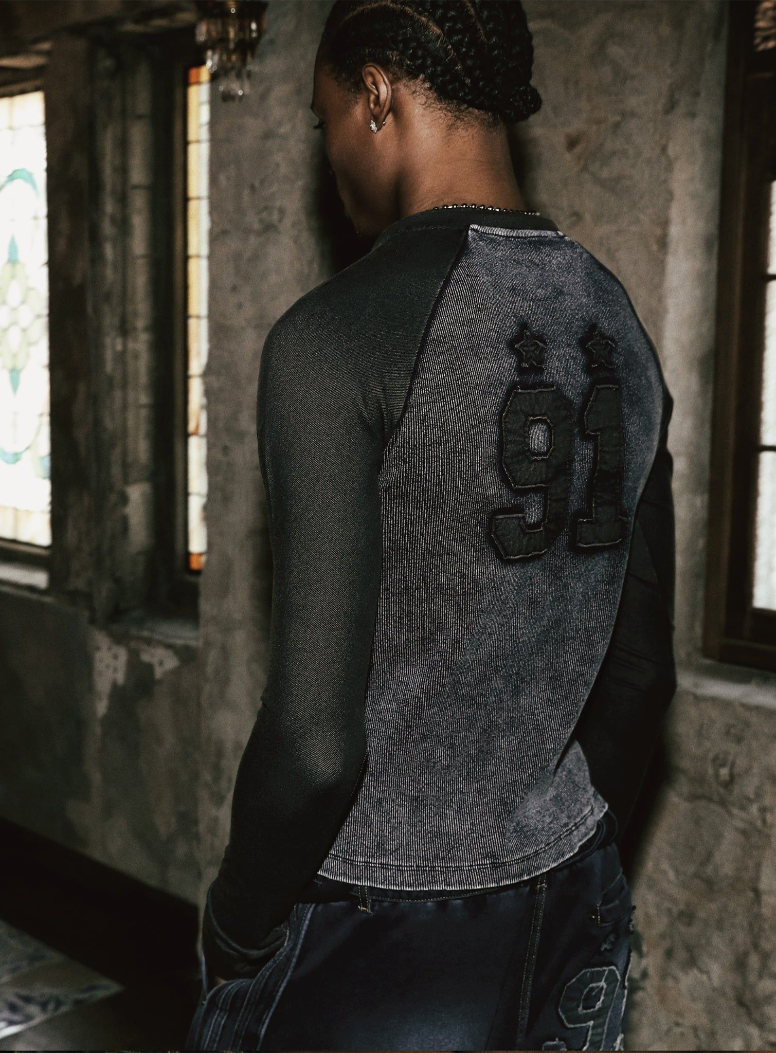  Áo Thun Dài Tay [Unisex] Badblood - [w-tee25-016] Rusty Denim V-Neck Long Sleeve Blue 