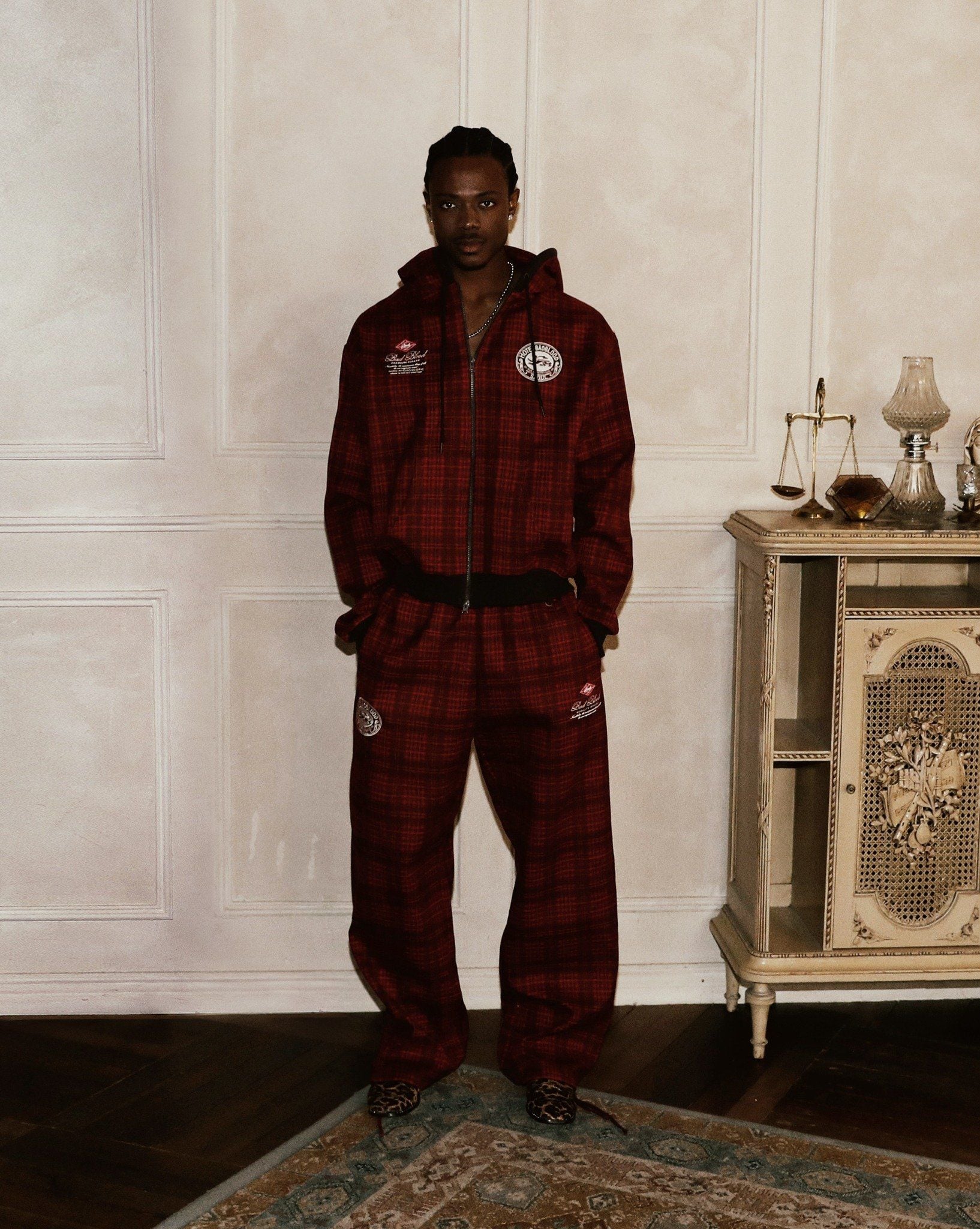  Áo Khoác [Unisex] Badblood - [w-hde24-064] Classic Check Hooded Zip-Up Red 