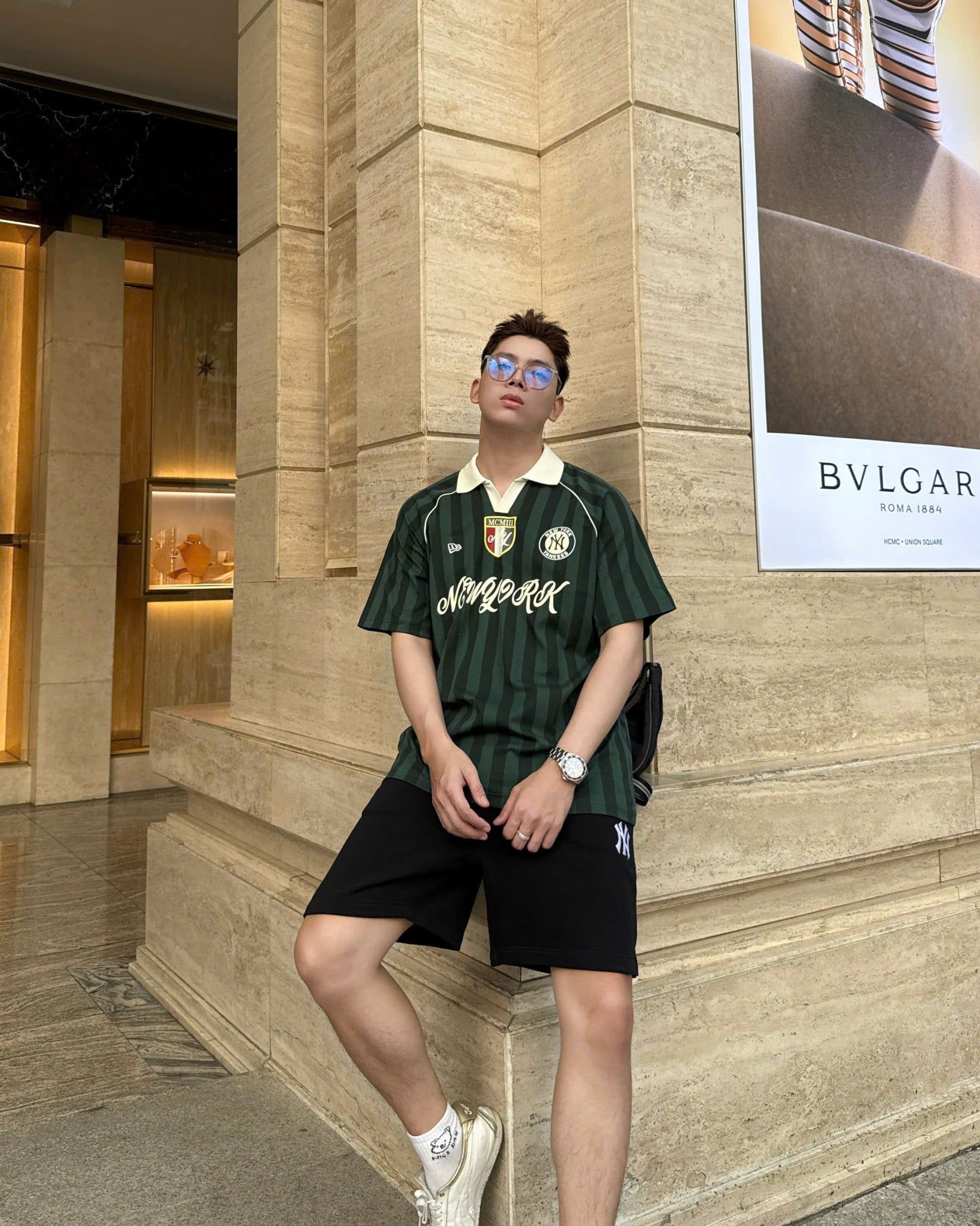  Áo Thun Polo New Era - [Unisex] NY Stripe Middle Logo Green/White 