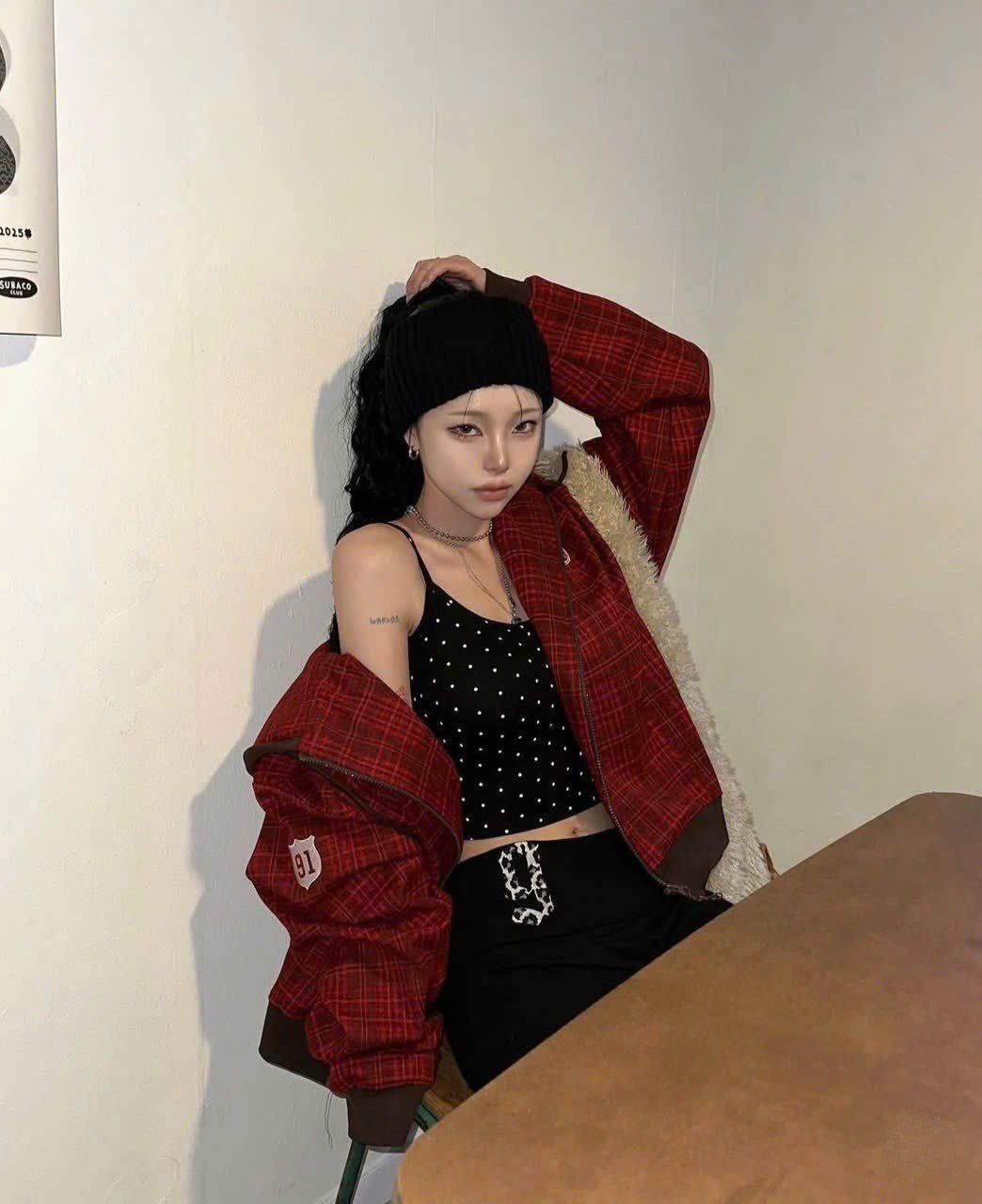  Áo Khoác [Unisex] Badblood - [w-hde24-064] Classic Check Hooded Zip-Up Red 