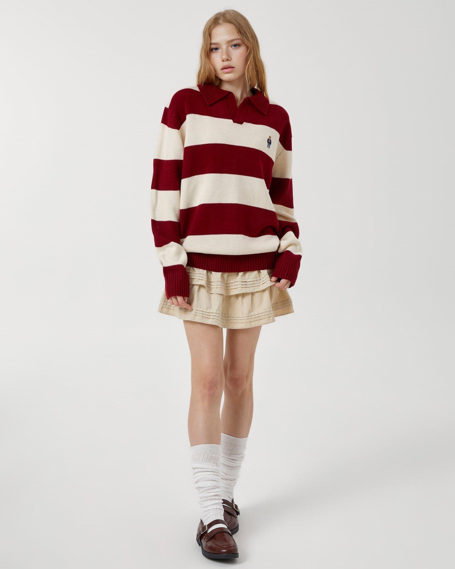  Áo Sweater Whoau Steve Stripe Open Collar Pullover - WHKAF4923U 