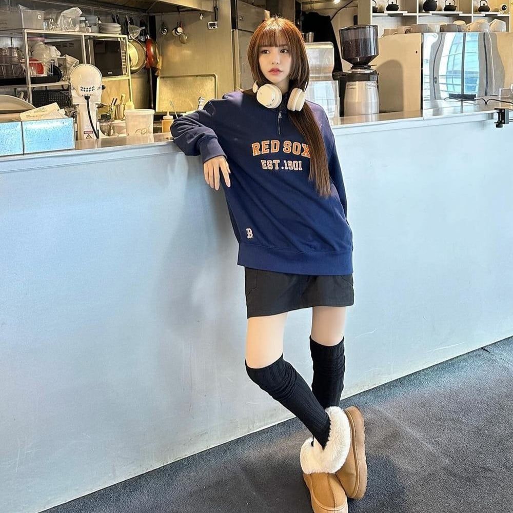  Áo Sweater MLB Korea - Varsity Overfit Half-Zip Boston Navy - 3AMTV0341-43NYS 