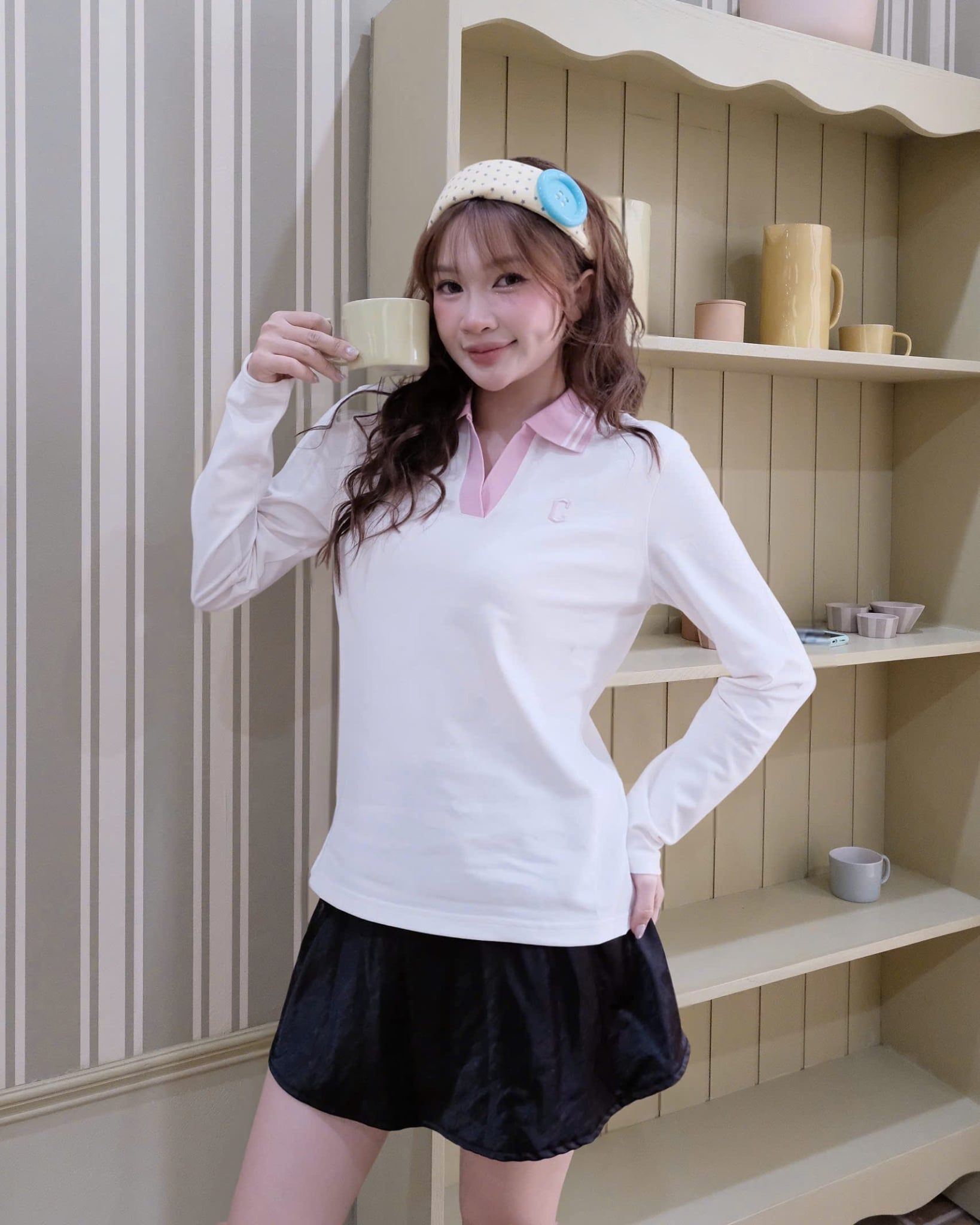  Áo Thun MLB [Nữ] - Basic Small Logo Long Sleeve Collared CLE - 3FPQB0141 