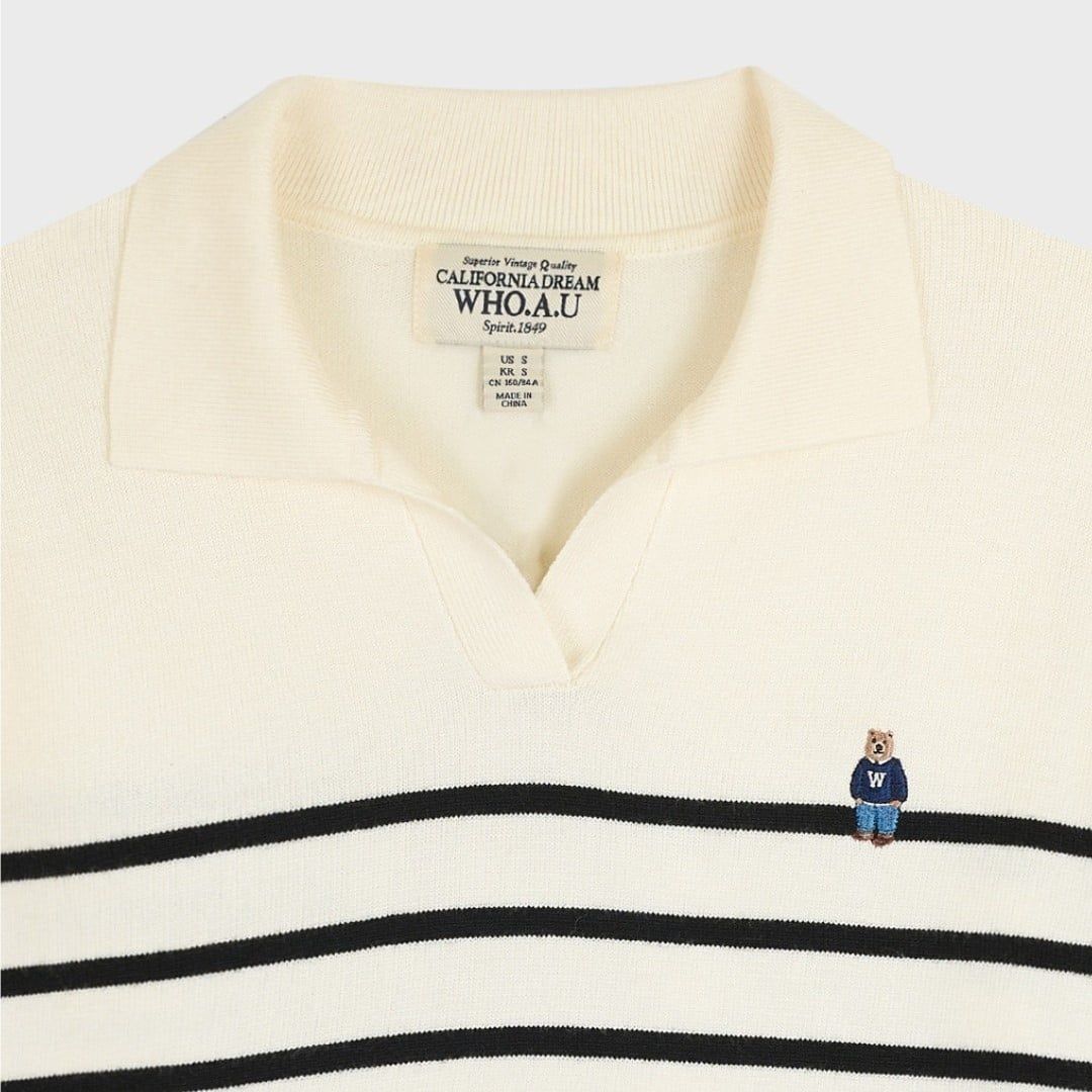  Áo Sweater Whoau [Nữ] - Steve Open Collar Stripe Pullover - WHKAG2343F 