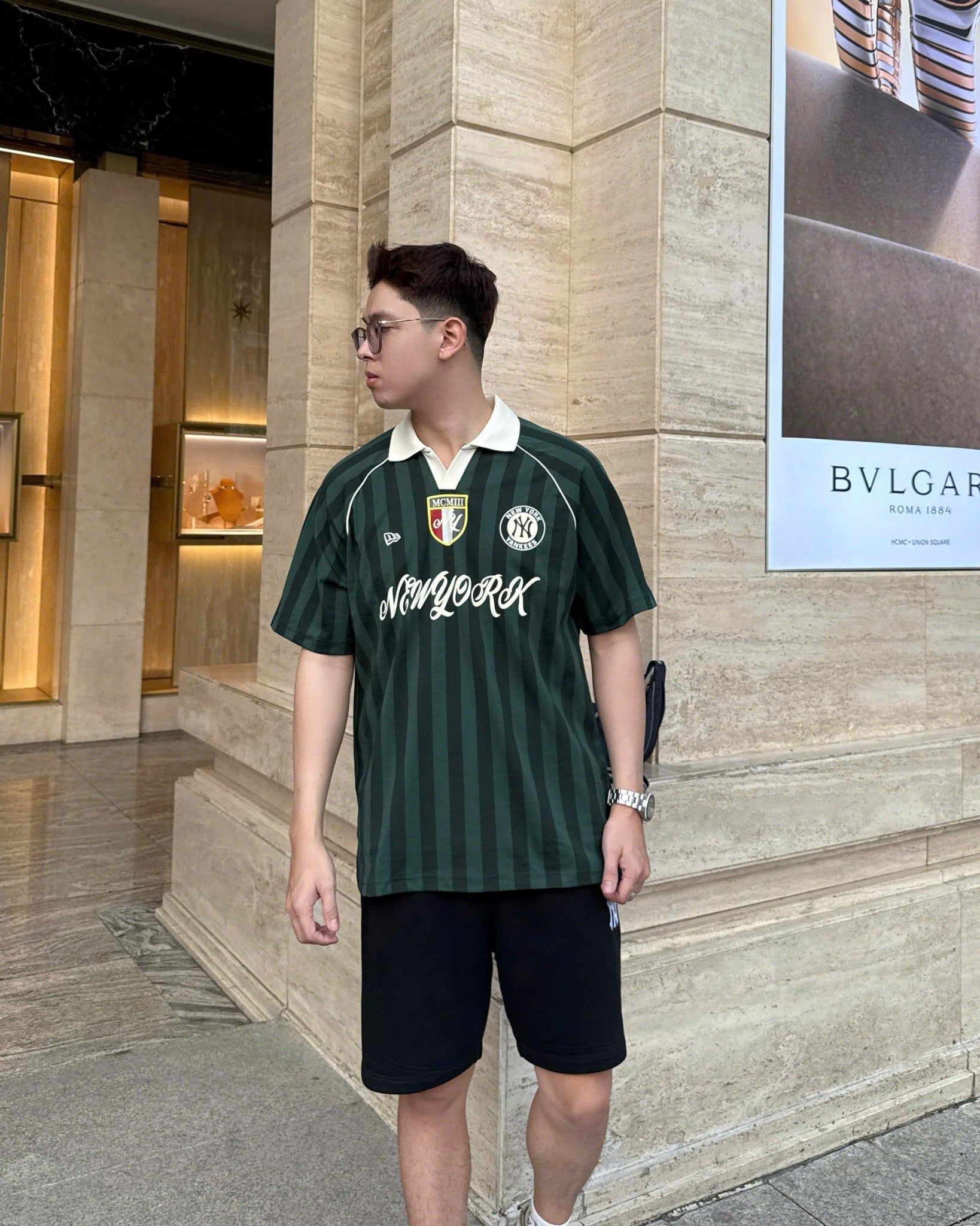  Áo Thun Polo New Era - [Unisex] NY Stripe Middle Logo Green/White 