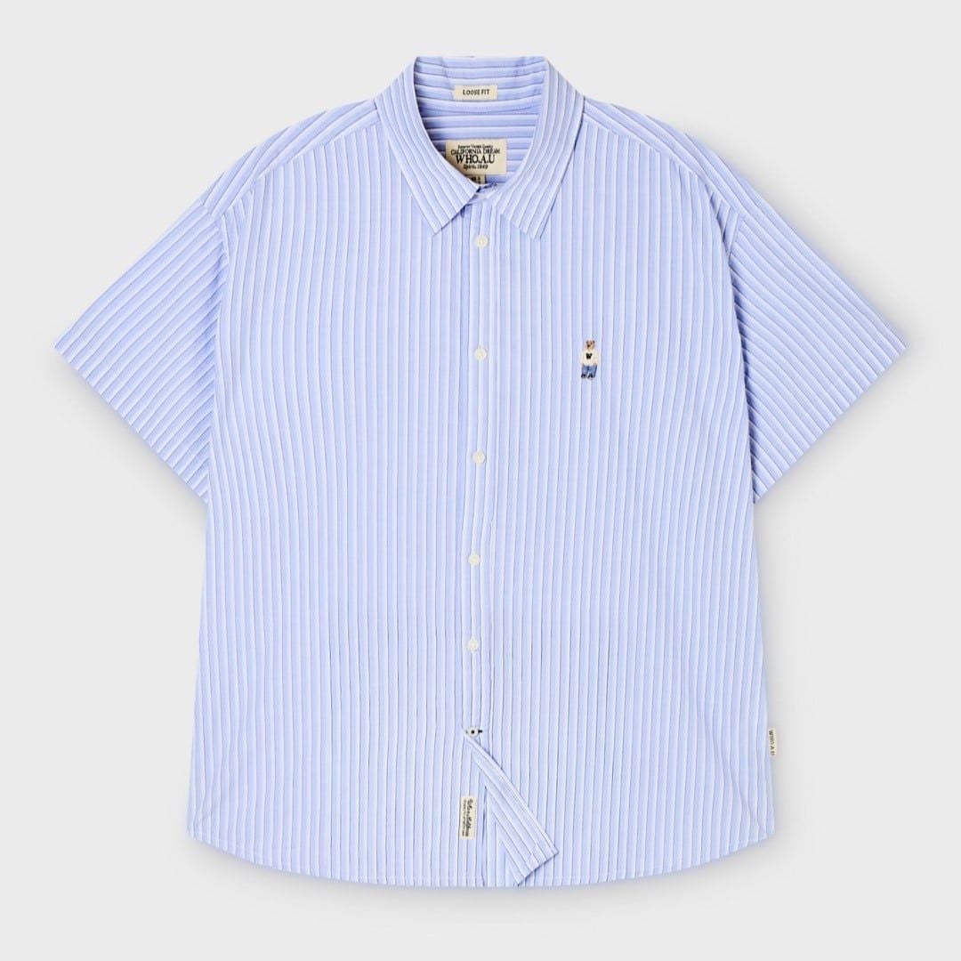  Áo Sơ Mi WHOAU [Unisex] - Steve Loose Fit Short Sleeve Shirts Stripe Blue - WHYAG2511F 