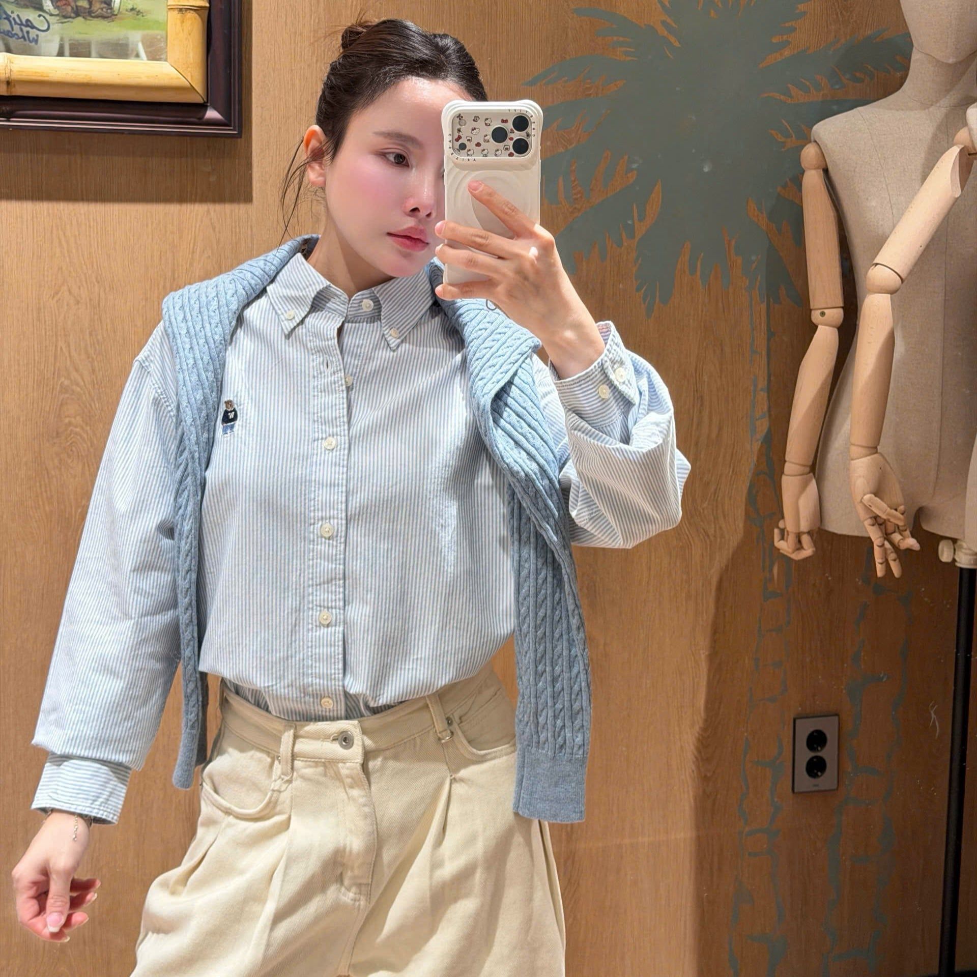  Áo Sơ Mi WHOAU [Nữ] - Steve Loose Fit Striped Shirts Blue - WHYWG2311U5 