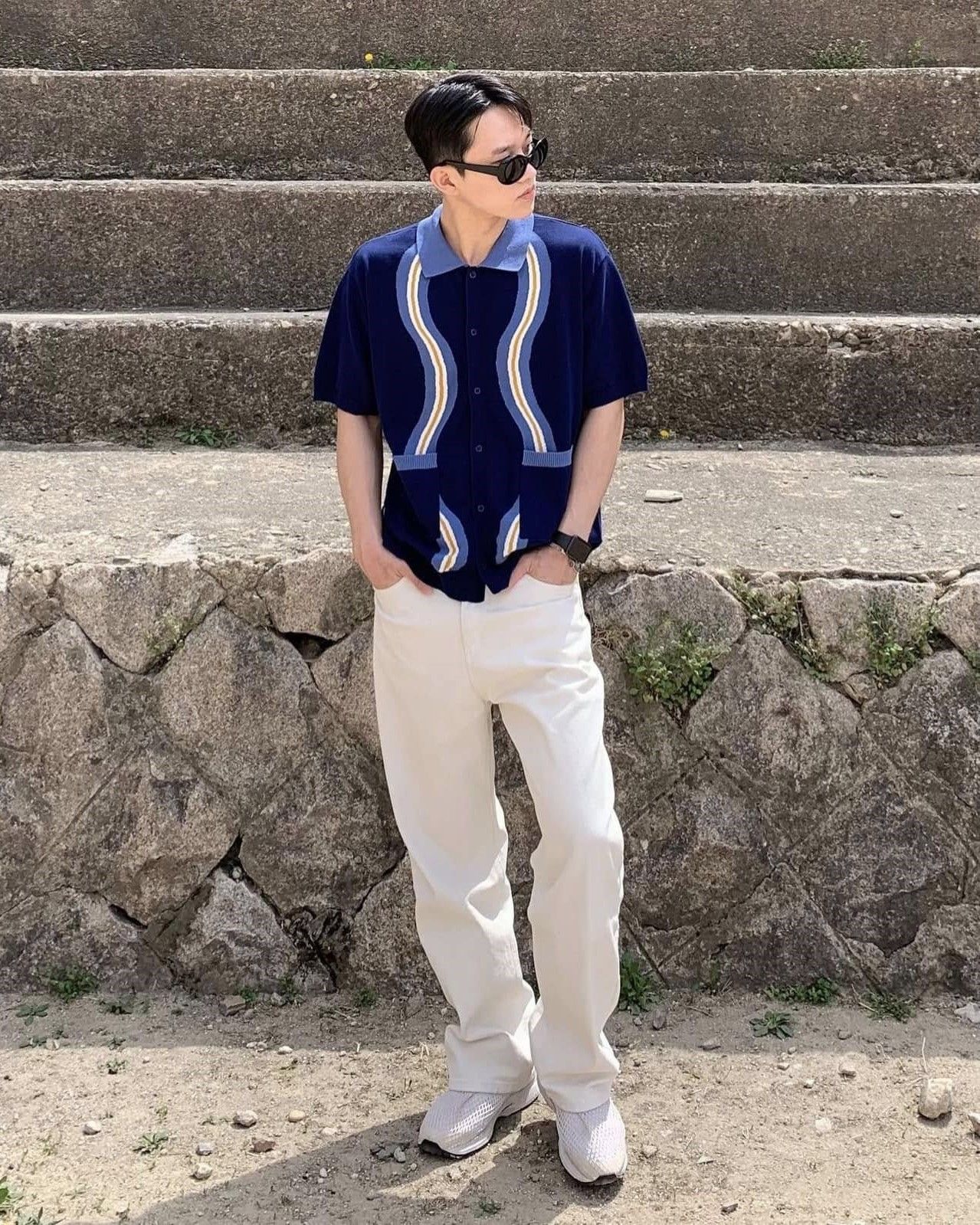  Áo Sweater ADLV - Acmé de la vie Knit Zip Up Wave Pattern Navy 