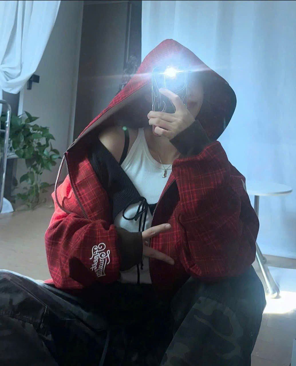  Áo Khoác [Unisex] Badblood - [w-hde24-064] Classic Check Hooded Zip-Up Red 