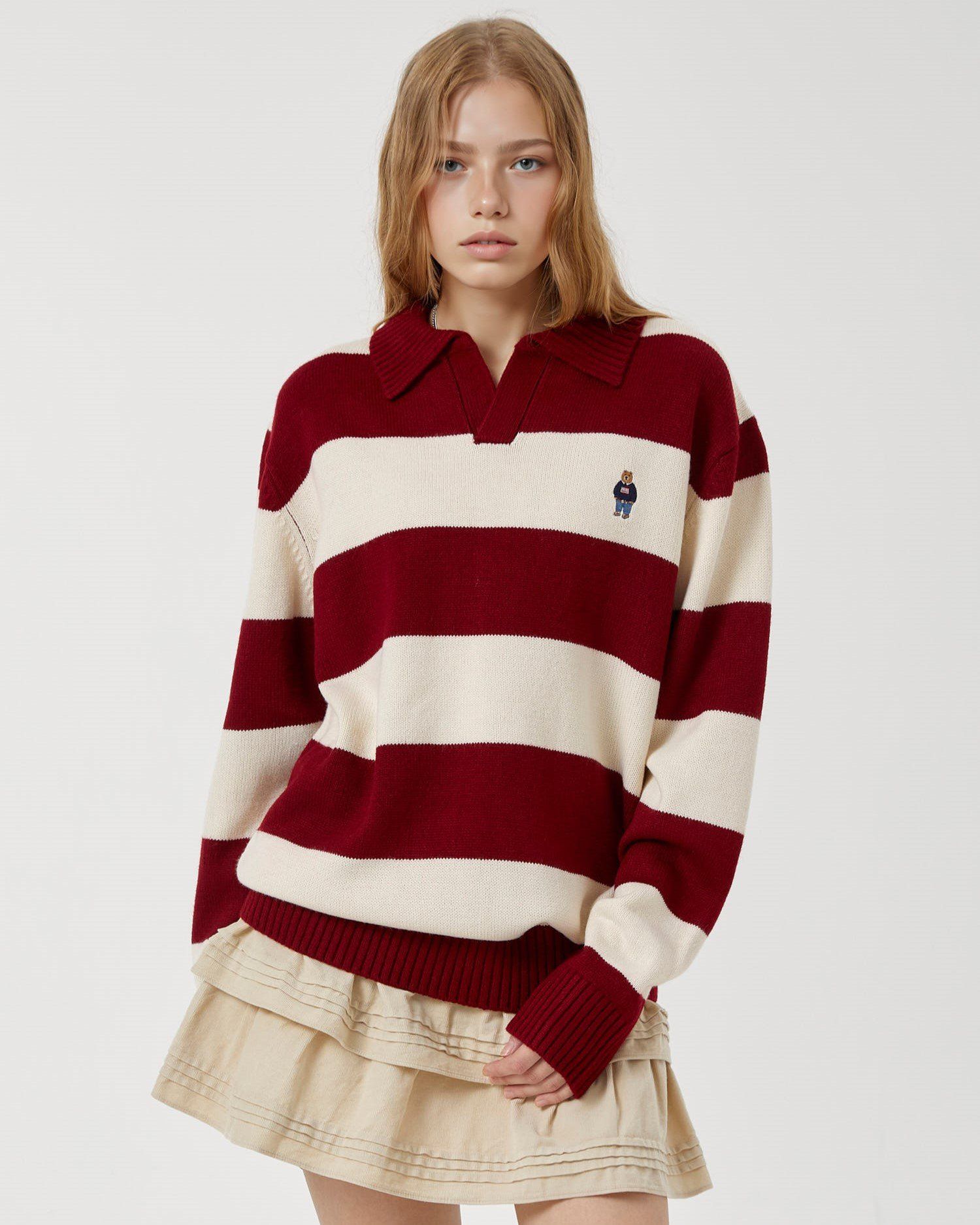  Áo Sweater Whoau Steve Stripe Open Collar Pullover - WHKAF4923U 