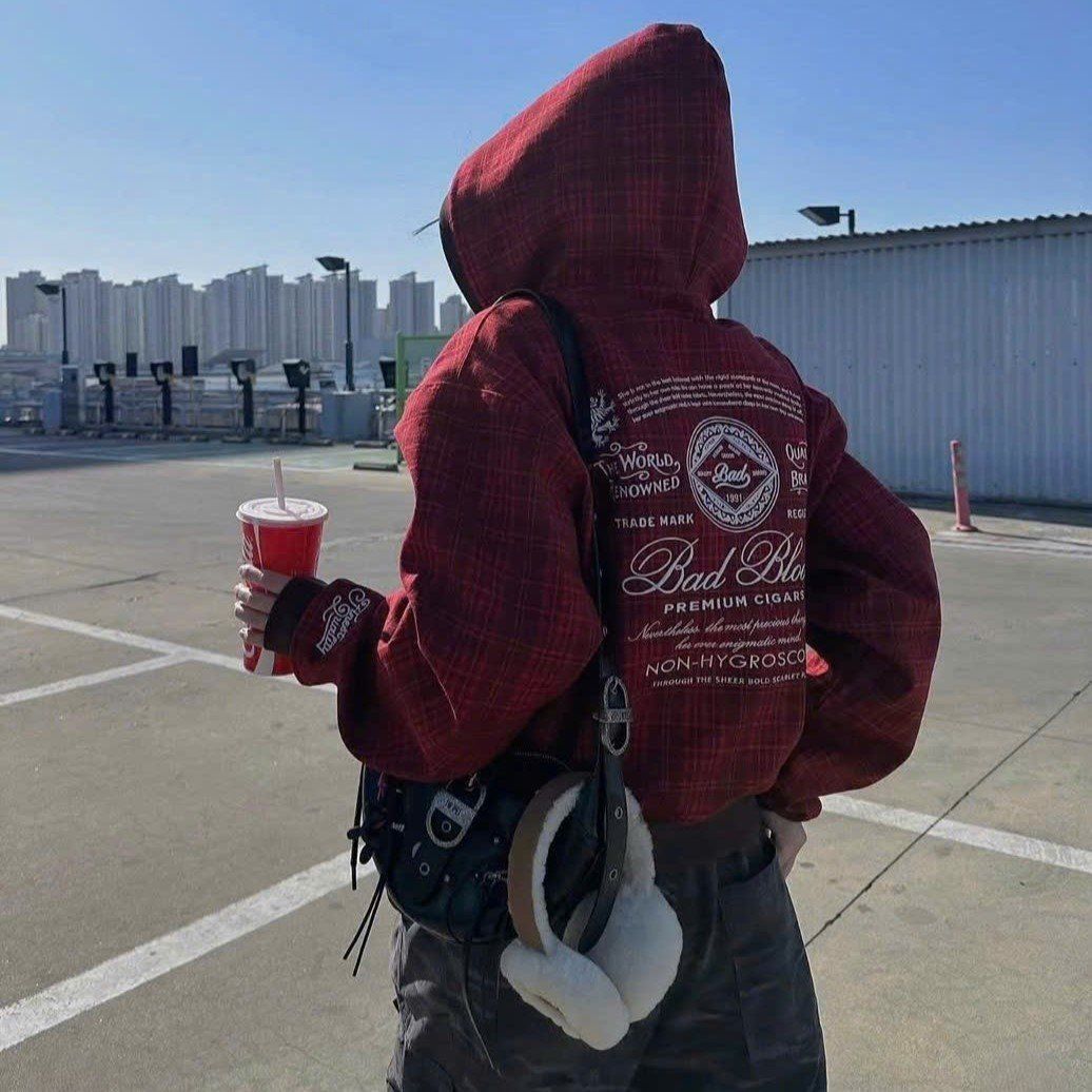  Áo Khoác [Unisex] Badblood - [w-hde24-064] Classic Check Hooded Zip-Up Red 