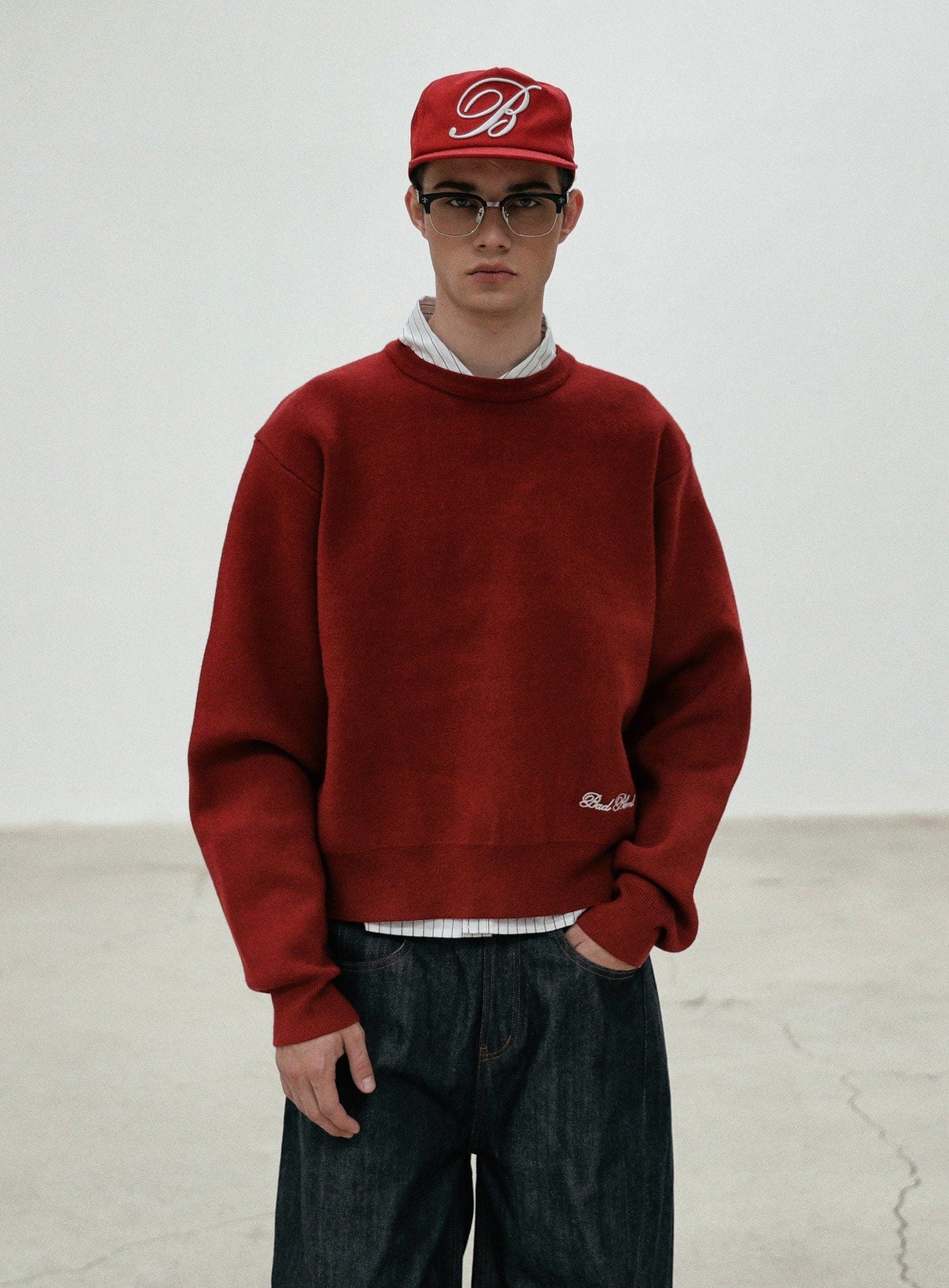  Áo Sweater [Unisex] Badblood - [w-knt24-008] Classic Big Logo Crewneck Sweater - Red 