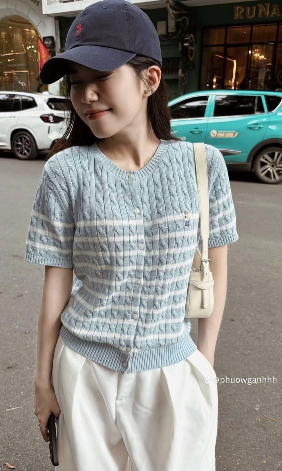  Áo Thun Len WHOAU [Nữ]- Steve R-neck Short Sleeve Cardigan Blue - WHCKF2401F 