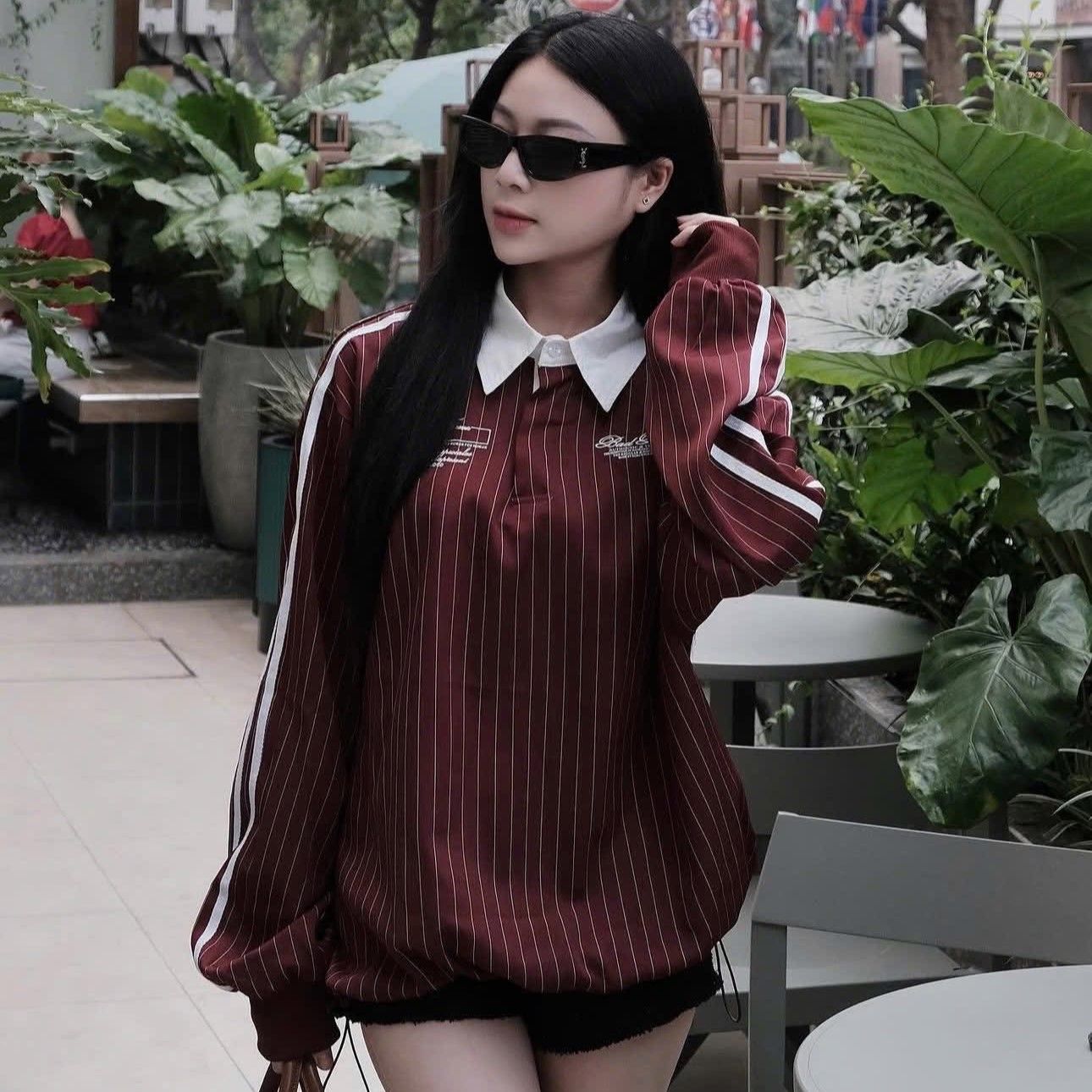  Áo Sweater [Unisex] Badblood - Classic Logo Stripe Rugby Shirt Burgundy - w-sht24-019 