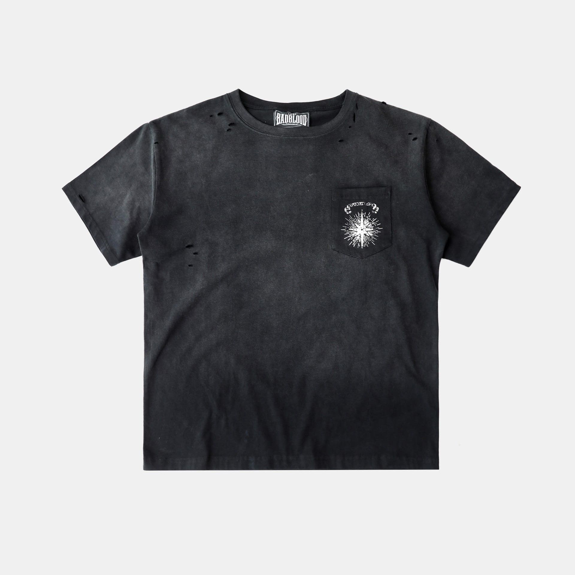  Áo Thun [Unisex] Badblood - [w-tee25-124] Cosmo Print Distressed Pocket T-Shirt - Black 