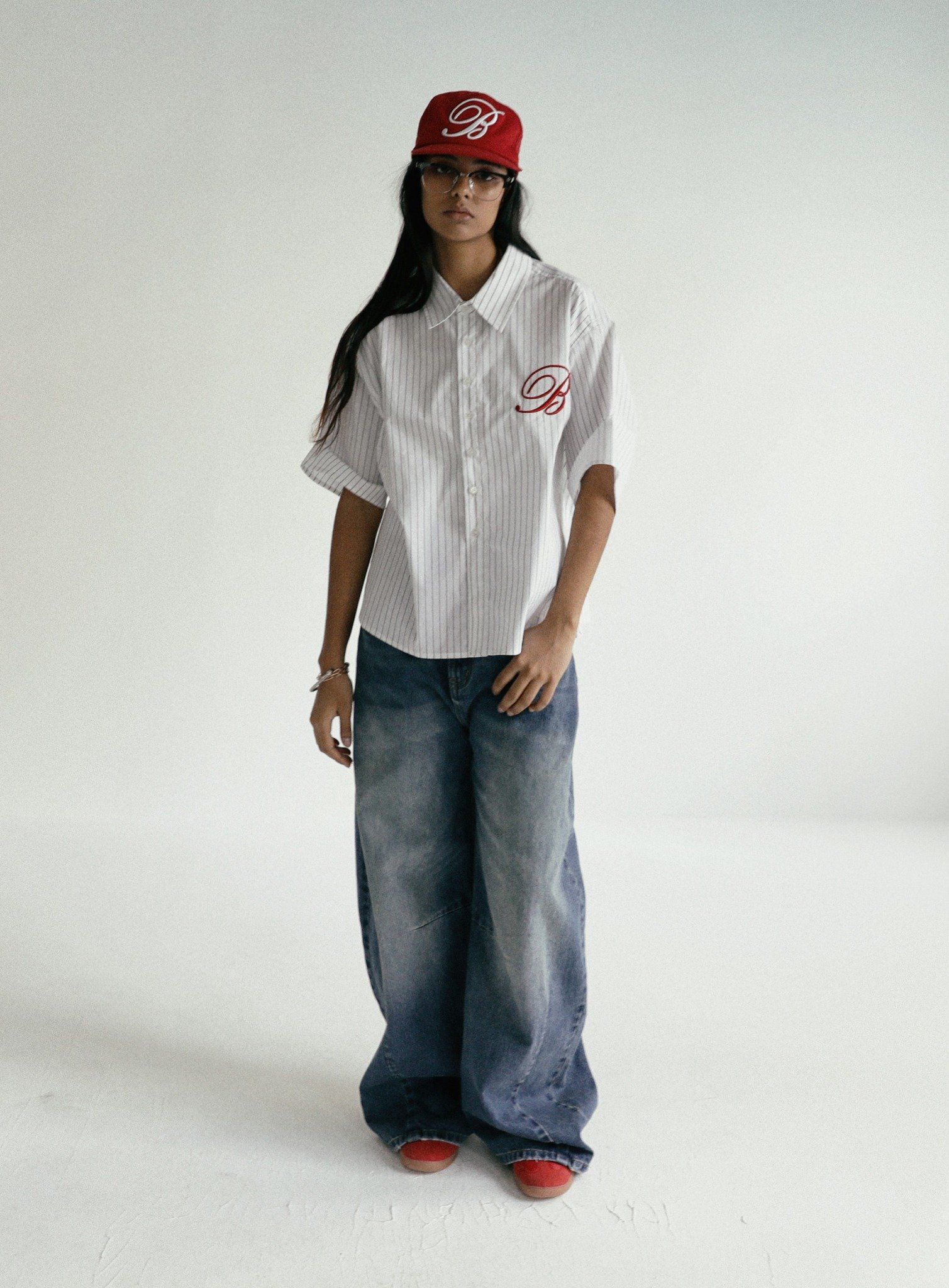  Áo Sơ Mi [Unisex] Badblood - [w-sht24-012] Classic Logo Short Sleeve Shirt White/Stripes 