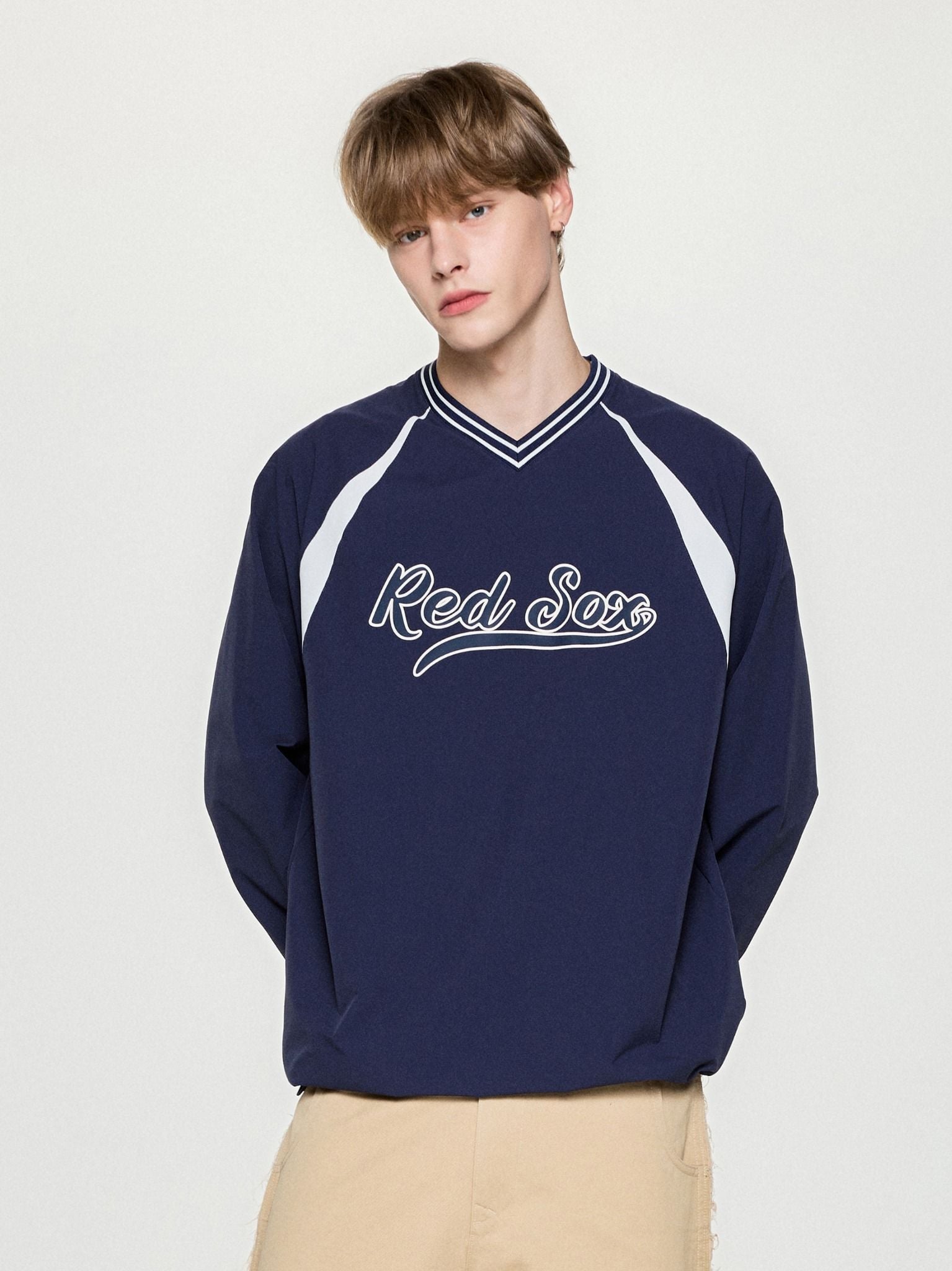  Áo Sweater MLB Korea - Varsity Sportive Curlsive Woven Boston Red Sox - 3AMTV1254-43NYS 