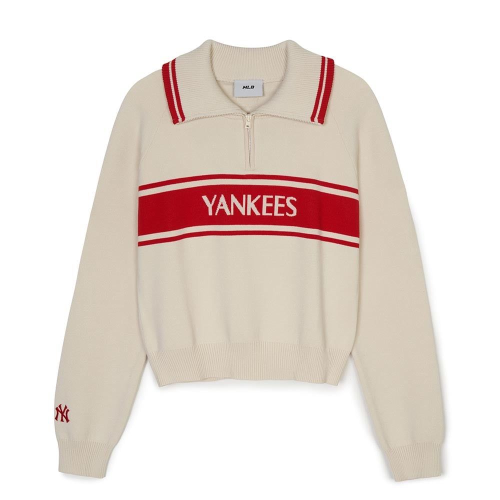  Áo Sweater MLB [Nữ] - Sporty Varsity Half-Zip Sweater NY Cream - 3FKPV0344-50CRD 