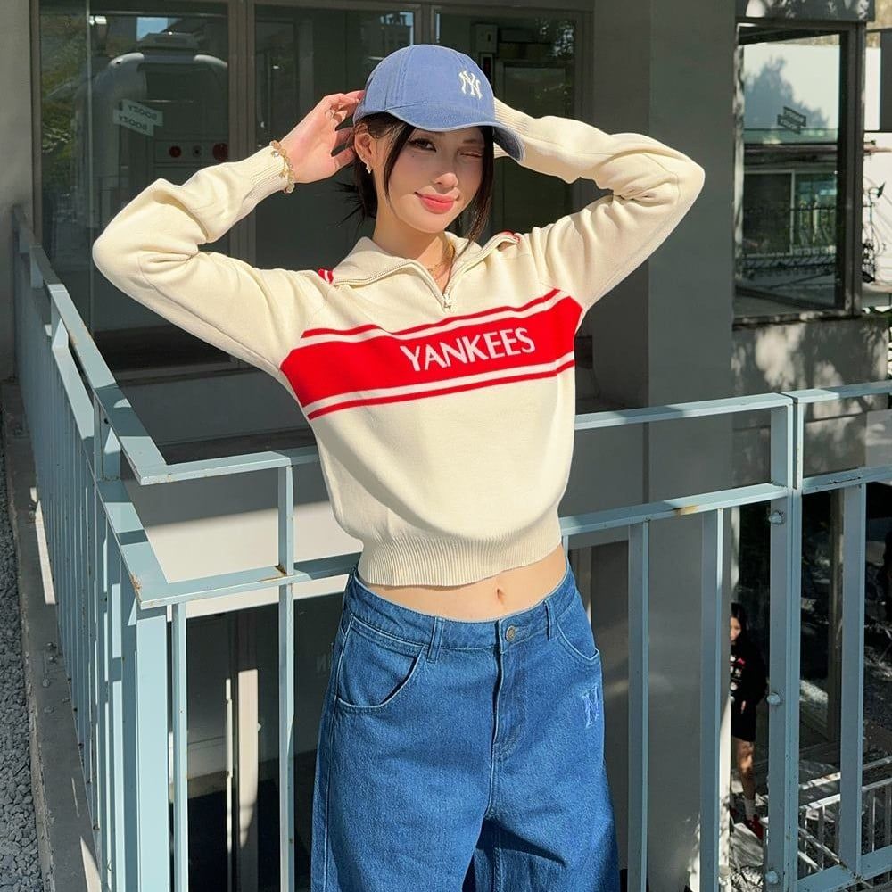  Áo Sweater MLB [Nữ] - Sporty Varsity Half-Zip Sweater NY Cream - 3FKPV0344-50CRD 