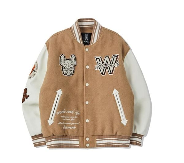 Áo Khoác Bomber LifeWork Hipdog Applique Varsity Jacket Beige - LW234JP120