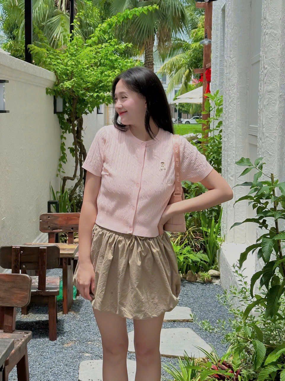  Áo Thun Len SPAO [Nữ] - Woody Cable Crop Cardigan Pink - SPCKF24G51 