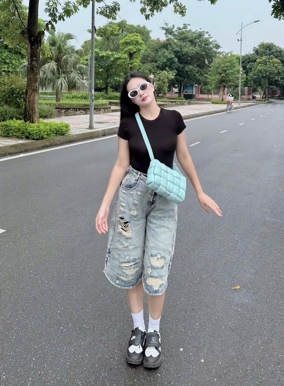  Quần Lửng [Unisex] Badblood - [w-srt25-030] Convex Denim Long Bermuda Pants - Light Blue 