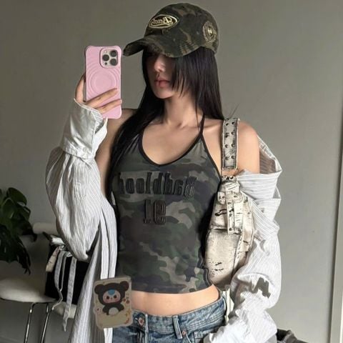 Áo Hai Dây [Nữ] Badblood - [w-tnk25-017] Vintage Club Halter Tank Green Camo